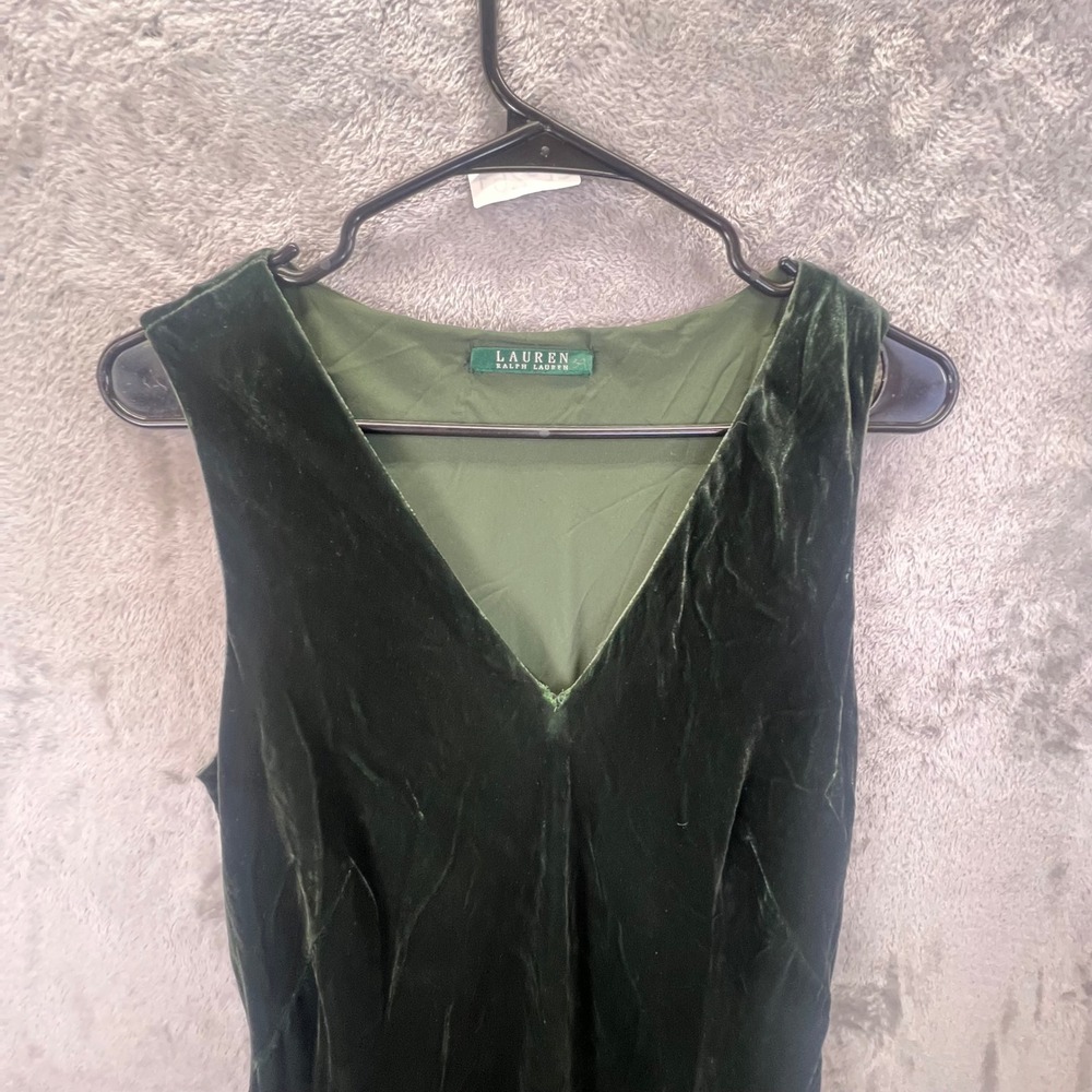 Lauren Ralph Lauren Dark Green Velvet V-Neck Asymmetrical Ruffle Dress